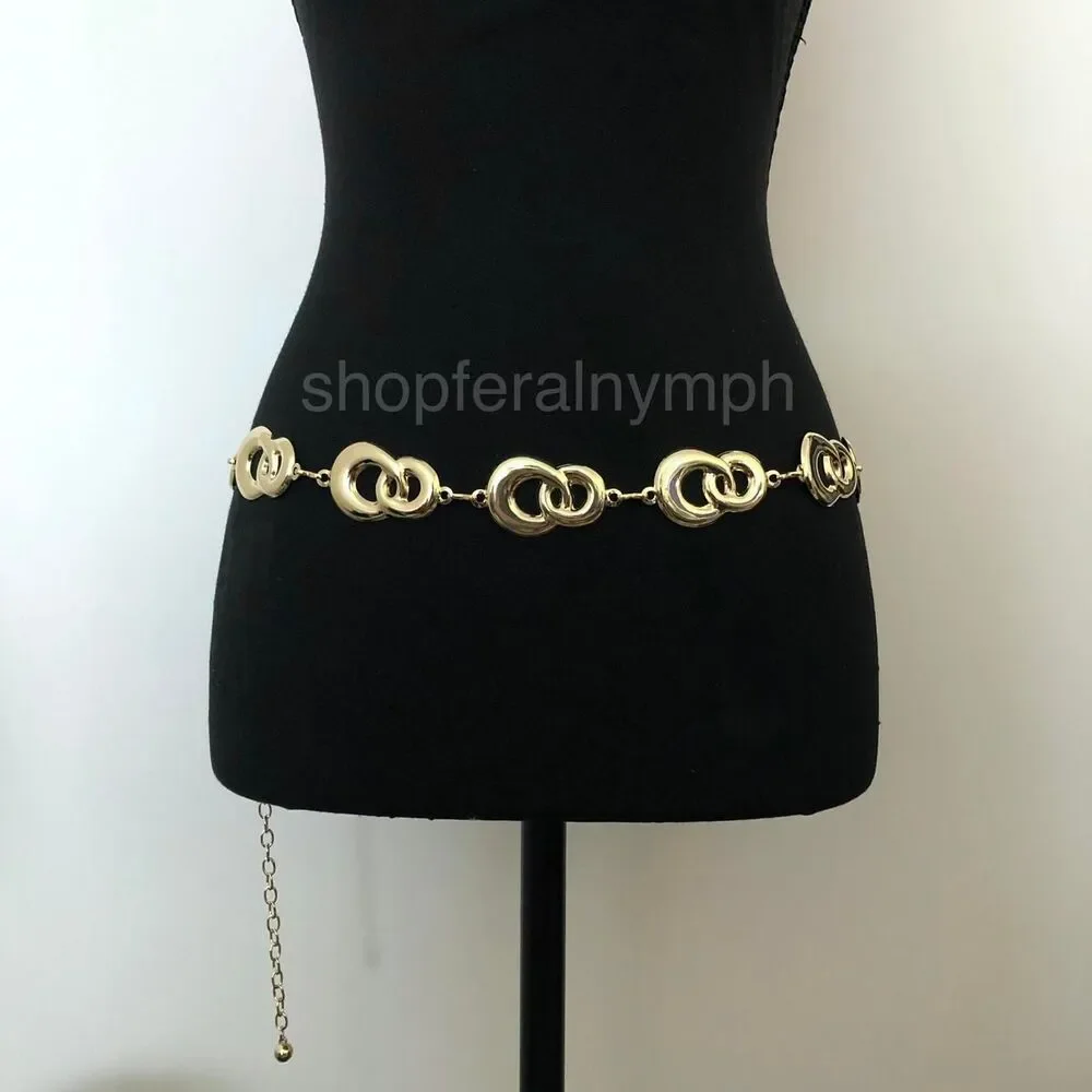 Y2K Geometric Gold Interlocking Loop Chain Belt, Fits 24.5–45 Inches, X7GA1163